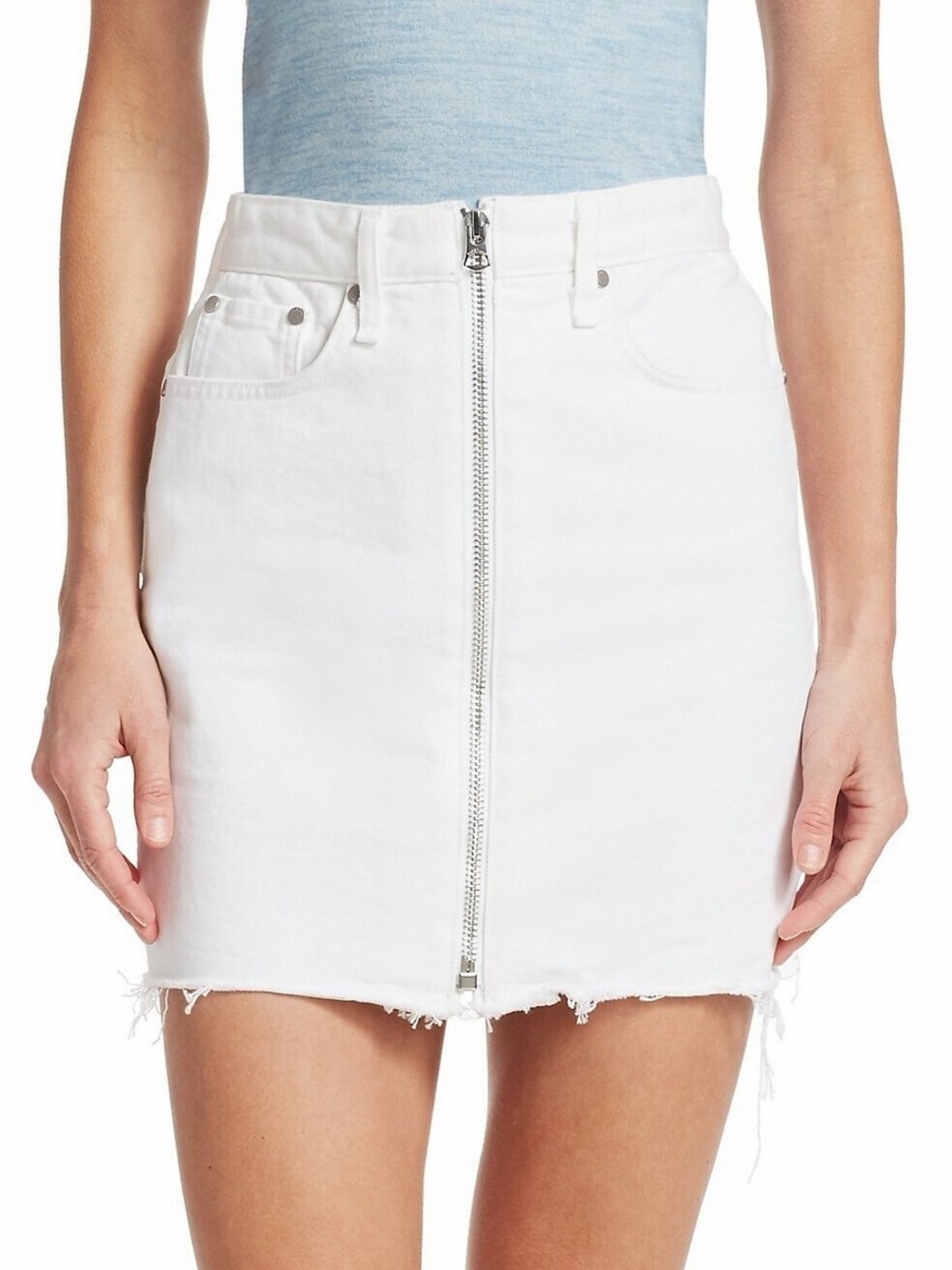 rag & bone White Zip-Front Distressed Hem Mini Skirt